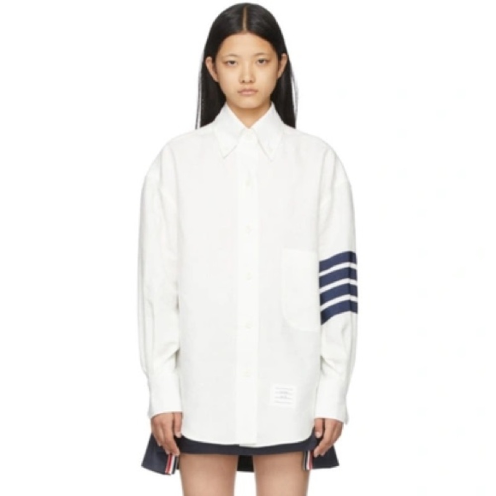 Thom Browne White Button-Down Shirt with Navy Arm Stripes